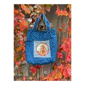 Vintage Handmade Tote Bag Blue with Rainbow Hearts Horse Portrait Patch Pocket